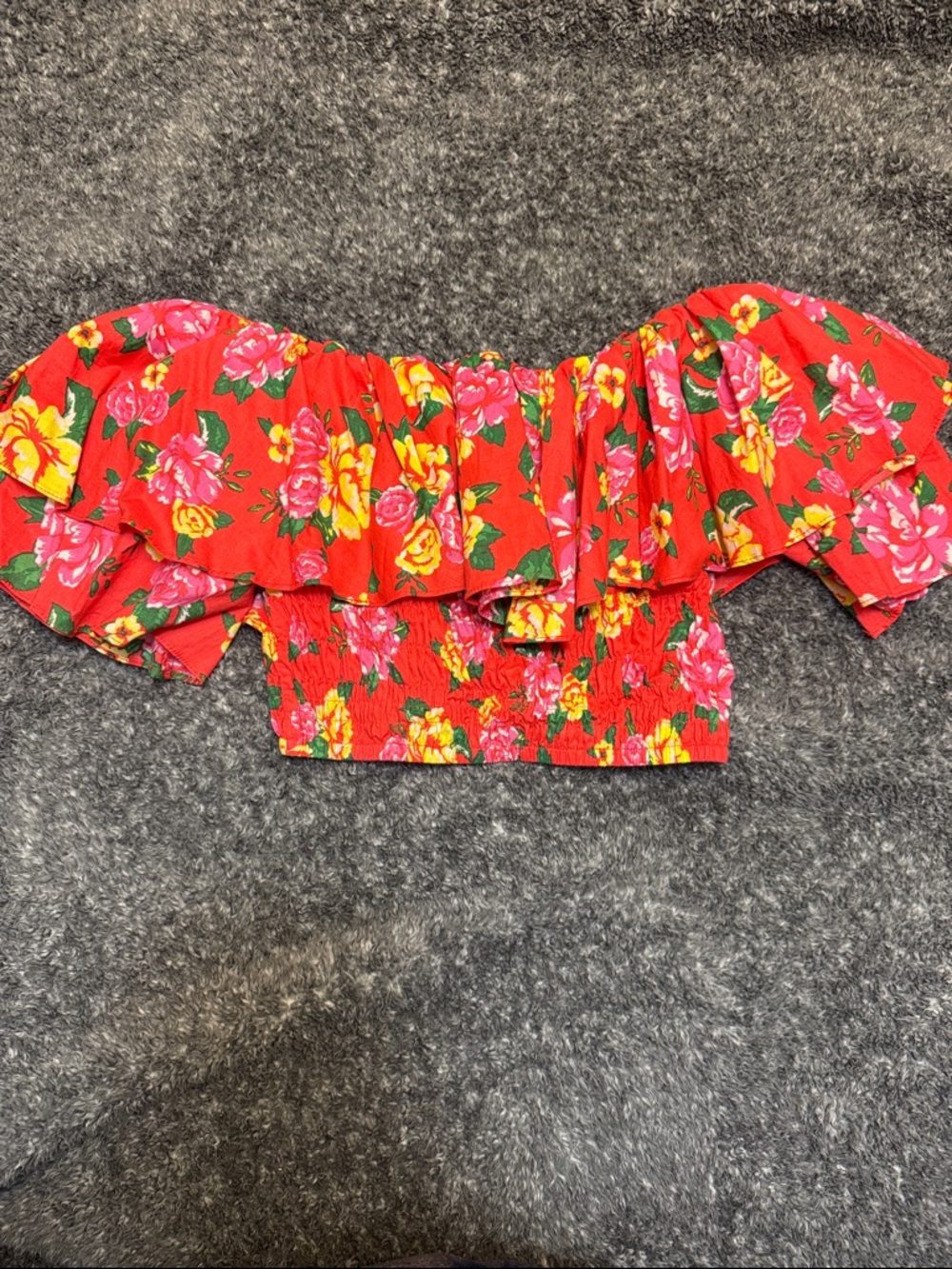 Off the shoulder red floral ruffle crop